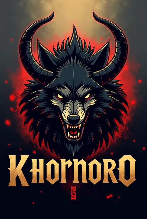 Create a logo in the style of an American Football team for a team named KHORNORO with a strong emphasis on the horned werewolfs head. The horned werewolf should have a fierce, powerful expression, with black and red armor and glowing eyes effect. The team...