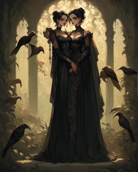  A full body ,  high-resolution anime-style of a melancholic woman (Detailed), thin face,He has a bird in his hands,  deep red lips , gothic fashion.  With dramatic lighting and dynamic composition . Light-dark .