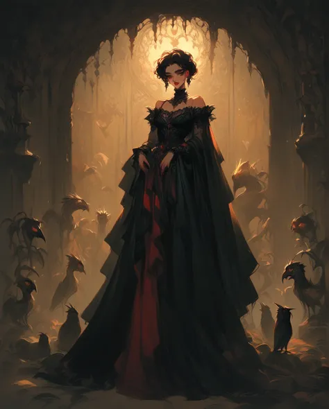  A full body ,  high-resolution anime-style of a melancholic woman (Detailed), thin face,He has a bird in his hands,  deep red lips , gothic fashion.  With dramatic lighting and dynamic composition . Light-dark .