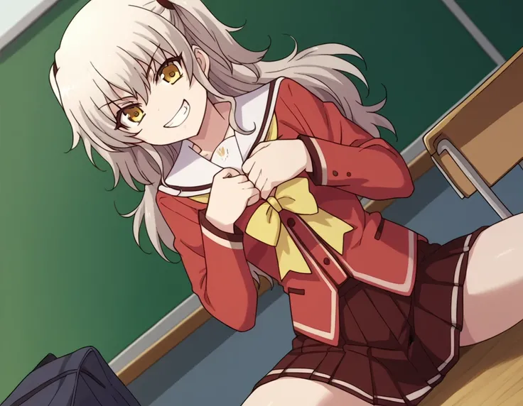  score_9,  score_8_up,  score_7_up,  source_Anime,
Naoto Mori , nao tomori,  long hair,  yellow eyes, two side up,
  school uniform  , Serafuku ,  Long Sleeve ,  red blazer,  red skirt ,  pleated skirt,  white sailor color,
indoor, classroom, smile,sit, pu...