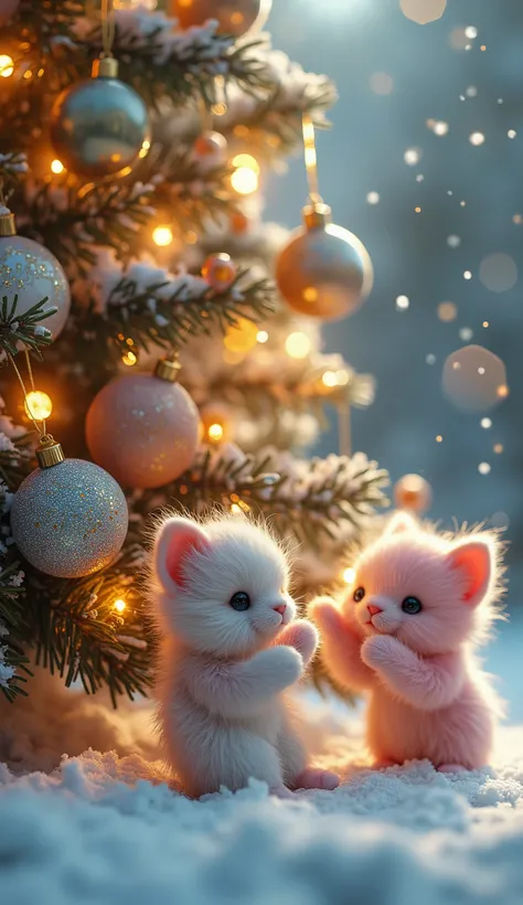 A close-up of a magical Christmas tree, its branches being decorated by tiny, fluffy creatures. The creatures are pastel-colored with soft fur, some with small wings or fluffy tails. They are carefully hanging ornaments and stringing glowing garlands, addi...