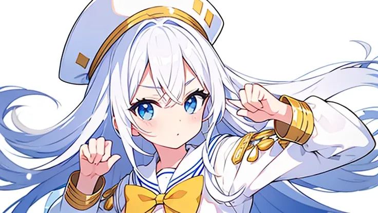 Pure white background、 doing fist poses、  white hat with gold decoration、Long white hair、Sailor&#39;   white uniform 