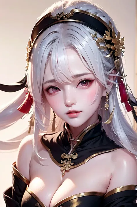 super high quality, masterpiece, Perfect illustration, Very detailed:1.6, 1girl, 23 years old, cute girl, white hair, sharp and big beautiful eyes, large breasts, bright skin. fantasy royalty, onmyoji, majesty, asian dress. black and gold clothes. simple b...