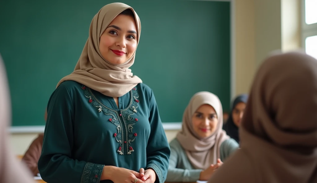 Rubina Madam, a confident 35-year-old teacher with a tall slim frame, a college teacher, fair skin, black hair wrapped under her hijab, and almond-shaped light brown eyes, wears a professional dark teal linen-blend kameez with embroidered detailing, beige ...