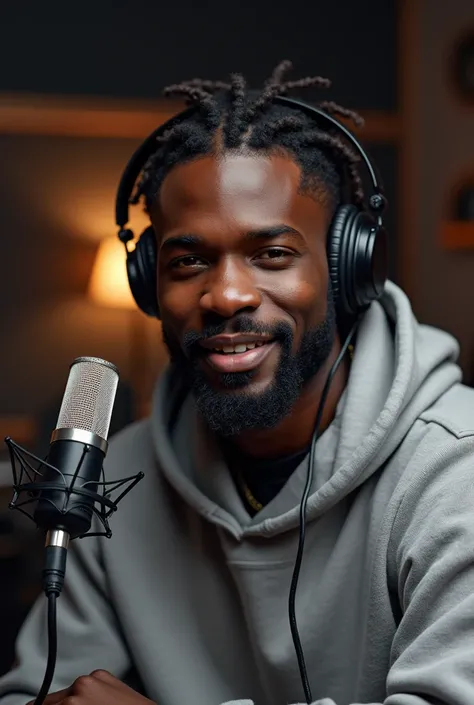 A majestic male african american podcast host, braid hair, wearing a stylish grey hoodie,sitting confidently in a professional recording studio, cozzy room, cozzy studio , speaking into a high-quality microphone, facing the camera,  (best quality,4k,8k,hig...