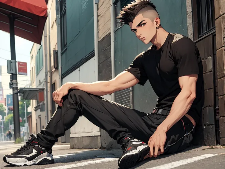 Italian teen male, oliver skin, hunter eyes, sharp face, brown eyes,  low faded sides, short mohawk, sharp eyebrow, lean, masuline features, handsome face, black fitted t-shirt, black long cargo pants, black running shoes, side profile, best quality , 