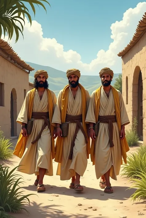 Three male friend in village travelling in olden days in eastern clothes 