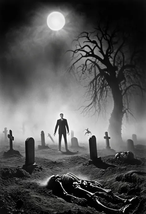 A desolate graveyard at midnight, illuminated by (beams of light from multiple hovering flying saucers:1.1) in the sky. In the foreground, (skeletal hands emerge from the dirt of several open graves:1.2), while (a zombie in a torn suit stands stiffly, gazi...