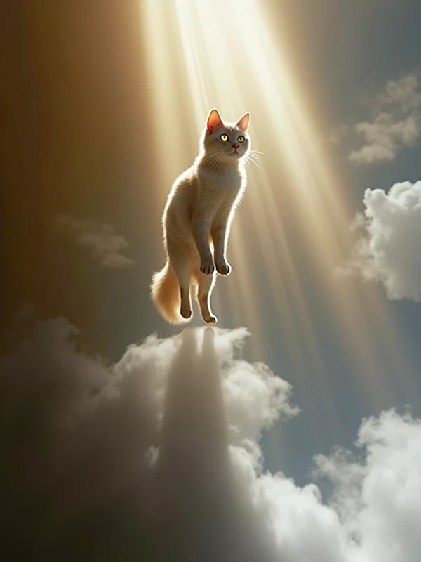 That cat standing in the sky with yellow rays 