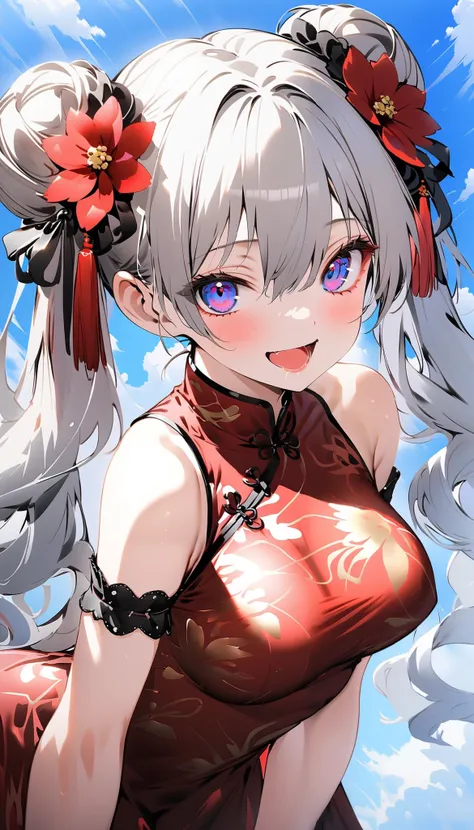 (nsfw:1.5), 1girl, solo, sexy girl, 18 years old, long hair, looking at viewer, happy, hair ornament, hair between eyes, bare shoulders, twintails, Floating hair, large breasts, (cowboy shot:1.5), grey hair, hair ribbon, :d, detached sleeves, hair flower, ...