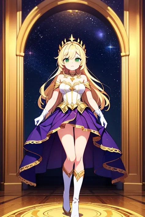 masterpiece, best quality, highres, Full body , (full body art), exposed shoulders , exposed eyes ,  platinum blonde hair , long hair , green eyes ,  standing up  ,  ball gown , exposed legs , golden neckpiece, golden headpiece , (white bodice) , golden lo...