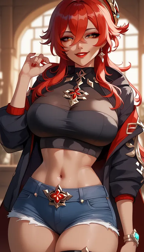  perfect eyes、 perfectly sexy face、ultra detailed、Layla、Genshin Impact、shiny hair、( Big breasts ), black shirt、black jacket、Tight Waist、thin waist、 dark blue denim shorts、 Thigh straps 、 glowing skin、 tanned skin 、Beleza、erotic、Red Eyeliner、 red lips 、wick...