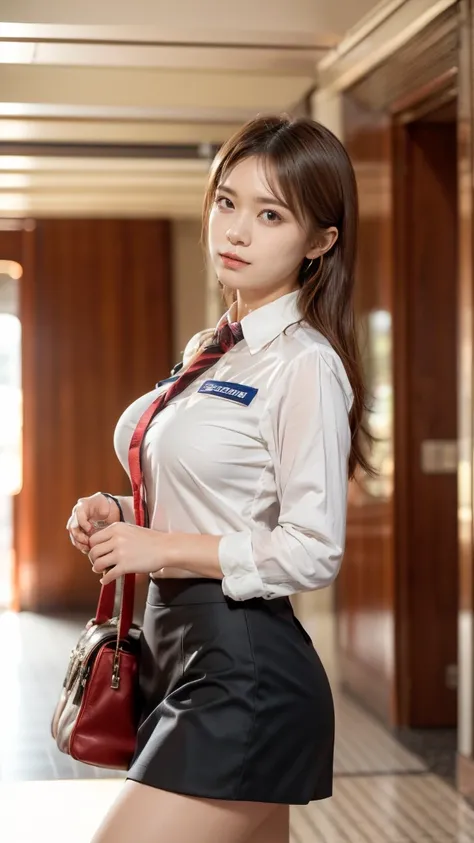 A beautiful, 24-year-old Japanese woman with perfect anatomy, healthy thighs, beautiful legs, beautiful skin, random hair color and style, large breasts, (wearing a flight attendant uniform with a mini-skirt:1.3), (she is standing:1.2), full body shot, pum...