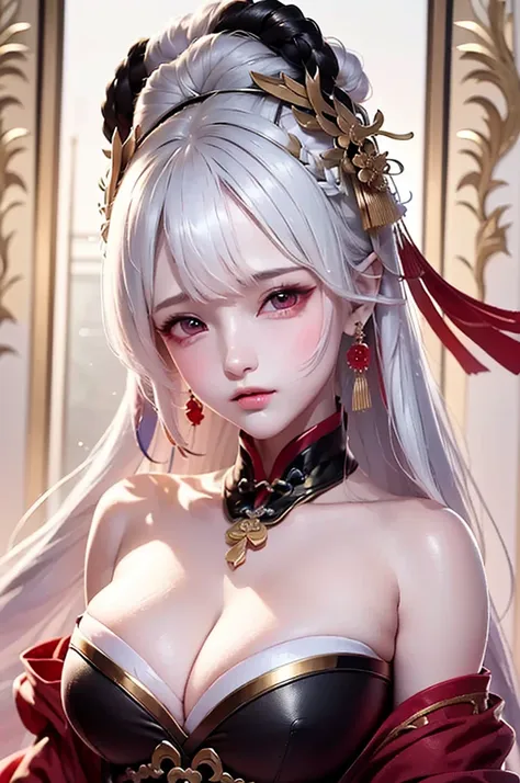 super high quality, masterpiece, Perfect illustration, Very detailed:1.6, 1girl, 23 years old, cute girl, white hair, sharp and big beautiful eyes, large breasts, bright skin. fantasy royalty, onmyoji, majesty, asian dress. black and gold clothes. simple b...