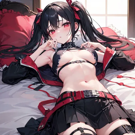  1 girl, solo,  long hair, chest,  look, masterpiece,  twin tails,  black hair, bangs, Gothic、 sleeveless、ガーターbelt、belt、Red eyes、valley、 Miniskirt、Thighs、Lock、Rosary、Frills、ribbon、side、大きなchest、 boobs、Gothic Lolita、Constraints、Tied up、get caught、string、 ma...