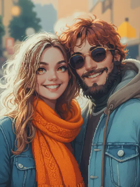 create a 8-bit pixel art cartoon of A cheerful young couple outdoors on a sunny day, smiling warmly at the camera. The woman has long flowing auburn hair, wearing a bright orange scarf and denim jacket, while the man has curly hair, a beard, round sunglass...