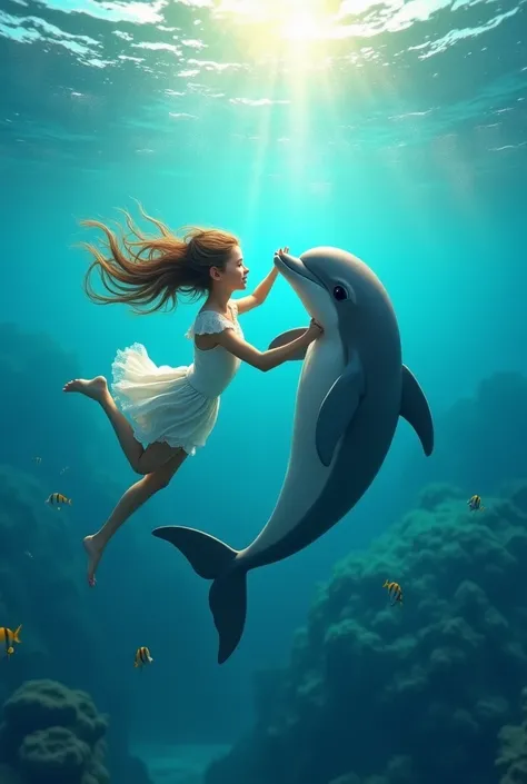 girl swimming in the ocean with a dolphin