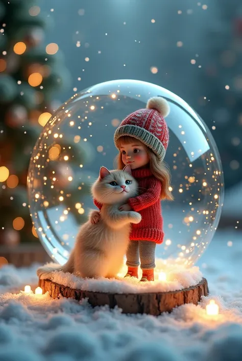 globe of wish with christmas tree,snow,sparkles holding a fluffy cat on christmas, wearing a knitted sweater and cap