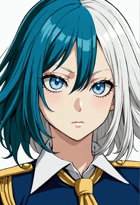 Boku no hero academia hero. A woman with 2 difference hair color, blue and white. She have blue eyes. She wear the U.A uniform 