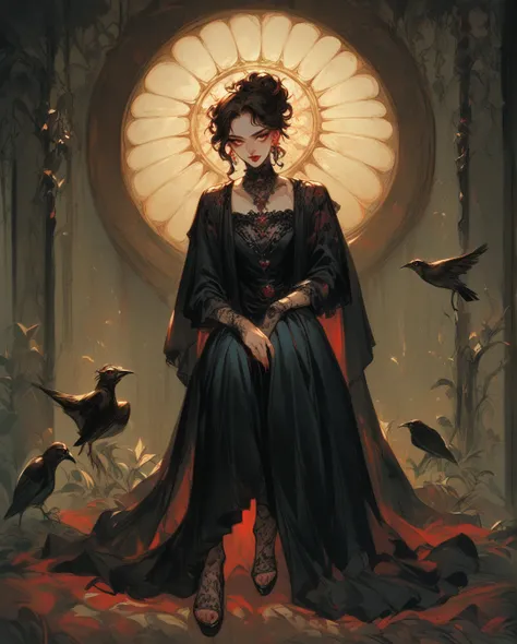  high-resolution anime-style of a melancholic woman (Detailed),  full body, thin face,He has a bird in his hands,  deep red lips , gothic fashion.  With dramatic lighting and dynamic composition . Light-dark .