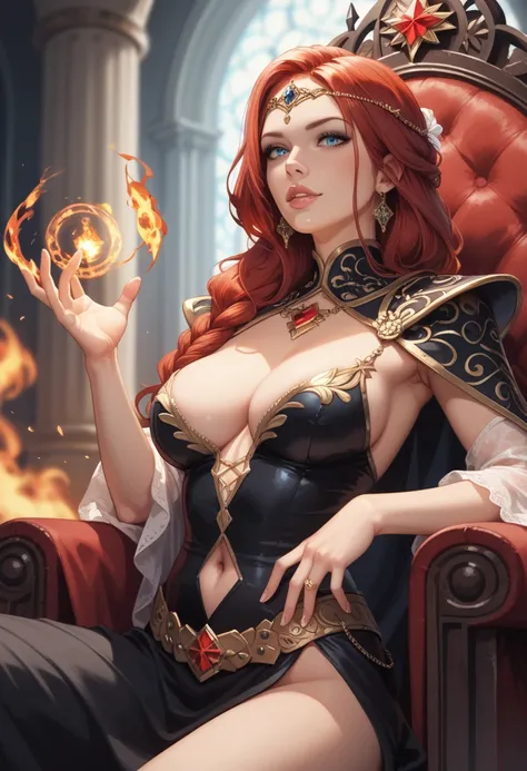 a fire sorceress with red hair and a perfect nose sits in a position of authority on a dark throne, she has one hand raised above shoulder height with a fire spell prepared, fire magic in her hand ((dans le royaume, Dark architecture with majestic and orna...