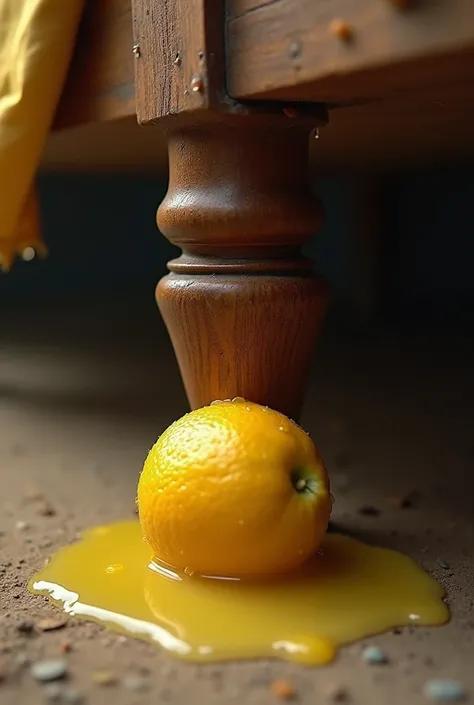 Small size Lemon seen under the leg of pakistani sleeping cot and splashing its juice here and there. Leg of cot seen up on the lemon