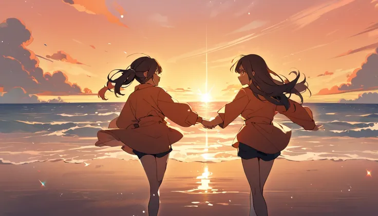 2 girls, holding hands, running pose, back to back, happiness, warm colors, wide sky, sunrise, sea