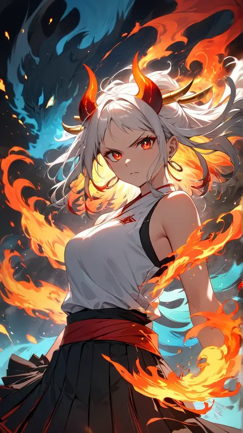 The image portrays an anime-style character with long white hair that transitions into vibrant multicolored hues. The character has fiery orange horns glowing with intense energy, further amplifying the dramatic effect. Her piercing red eyes convey a serio...