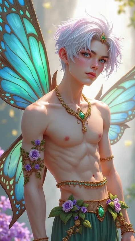 Fairy man  , high, white skin,  thin with small muscles ,  white hair with color degradation ,  with a diamedema on the green forehead ,  with blue eyes ,  dressed in pants with leaves with flowers ,  with a gold necklace with a green gem ,  with decoratio...