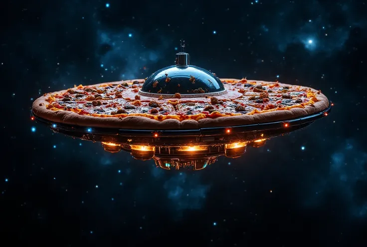 A pizza-shaped UFO with lots of colorful lights and metal drifting in the dark of space, Surrounded by distant stars and galaxies , conveying a sense of isolation and wonder , High resolution , cinematographic lighting ,highly detailed deep space atmospher...