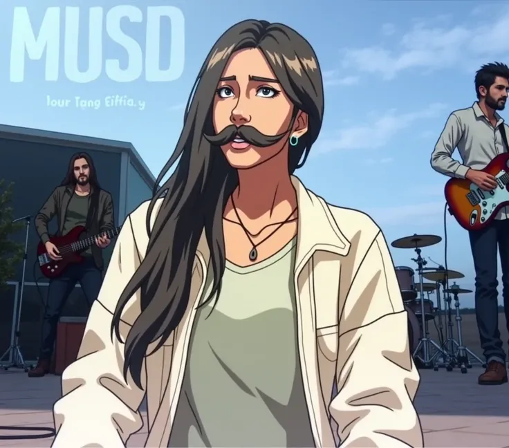 The girl in the photo her favorite pop rock band  "I MUST"  is having a private concert at her house on her birthday .  She is a super fan of that band and the singer Villamil who wears a beard and mustache 