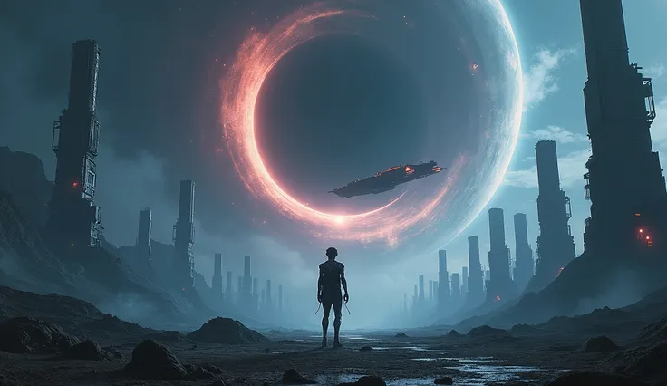 Background: A desolate Earth with abandoned futuristic skyscrapers and a looming black hole in the sky.

Foreground: A lone figure (half-human, half-machine) gazing at a departing spaceship.

Colors: Deep blues, purples, and blacks with glowing white highl...