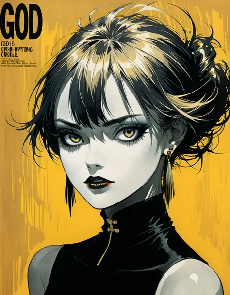 in style of Gris Grimly,in style of Hans Hartung
amazing artistic special effects from Hans Hartung,{with the text:"GoD IS DEAD":1.8},1girl,captivating gaze,multiple earrings