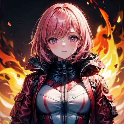 A Girl, Pink Hair, Futuristic, Futuristic Jacket, Flame Background, (8k, Masterpiece, High-Detailed)):1.3