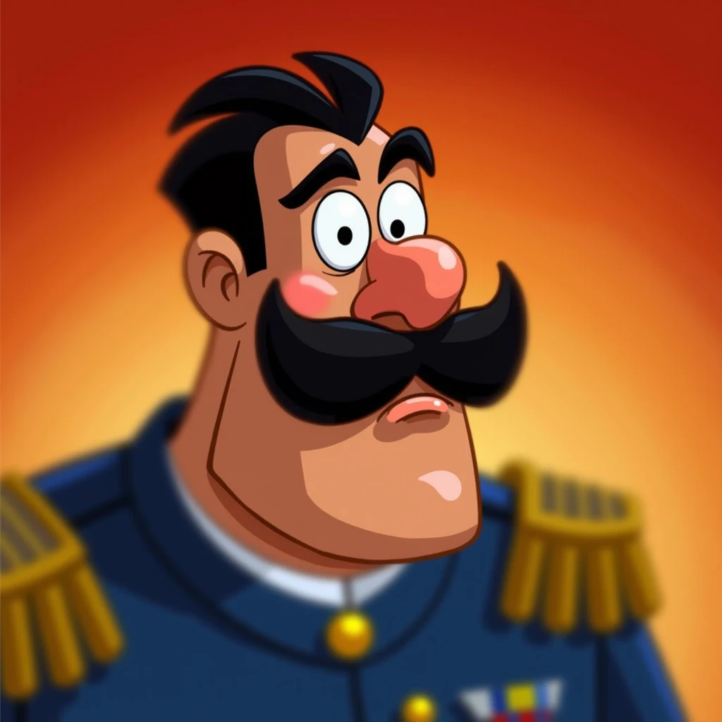 Image is a digital illustration featuring a stylized, cartoonish character with exaggerated facial features. The character has a large, prominent nose, thick black eyebrows, and a full, bushy mustache. The skin tone is a warm, medium shade. The characters ...