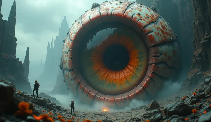 a giant floating eye with a wide open mouth, extremely detailed, photorealistic, 8k, hyperrealistic, vivid colors, dramatic lighting, cinematic composition, surreal, fantasy, science fiction, digital art, concept art, highly detailed iris and pupil, reflec...