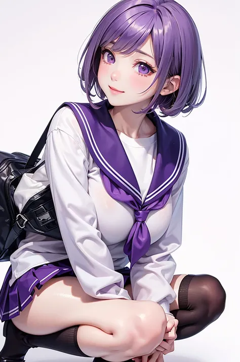  Best Quality , high definition ,8k, (a pure white background), (no details), (no scenery), (completely blank background),( Masterpiece :1.2), pretty girl,Big Breasts,( glossy purple hair:1.3),(short hair),bob cut,Beautiful purple eyes,break,winter, school...