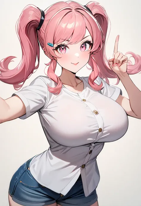 (8k,  top quality,   Masterpiece  :1.3), pose, 1 girl,  very beautiful face  , random expression ,ＪＫ_ style for stilets ,(Age 19),Big Breasts,zzWhitney, pink eyes, pink hair, pigtails, hair clip, white shirt, denim shorts,