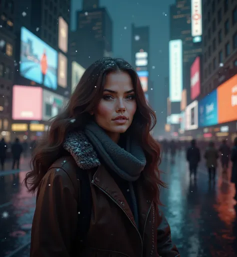 très réaliste, timesquare, new york, neige, écrans allumés, effet portrait, flou, sombre, leds, habits couverts, yeux marrons, brune cheveux ondulés