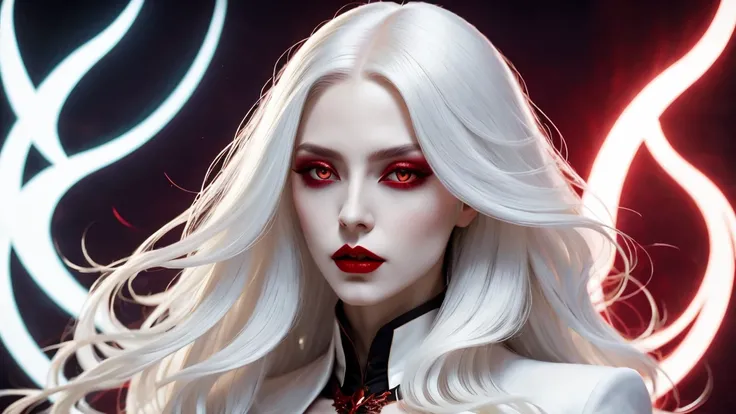 A terrifying and beautiful vampire, long white hair, Beautiful red lips, complicated eye roll, like a dream, ethereal, belly button,Popular topics on Artstation, white luxury suit, BalenciagaStyle, Royal background，sharp focus，soft light, (best quality,4K,...