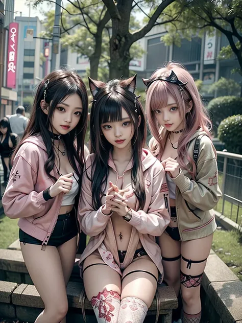 (Three Beauties, 3 girls :1.5)、( show your teeth and laugh:1.3),(Shibuya Gal:1.5)、(Beautiful gravure model:1.5)、(Neo-Goth Fashion:1.5)、( Punk Rock Visual :1.5)、(Delicate embroidered magenta and beige and red hoodie :1.5)、( pink and white corset with delica...