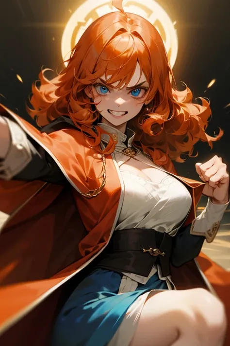 woman　 orange hair　Curly hair　cleavage、,she haves  Cowlick on the top of the head、Long hair,bangs, looks at me,  grin,　get angry, punch to you、cloak with cape, blue eyes,