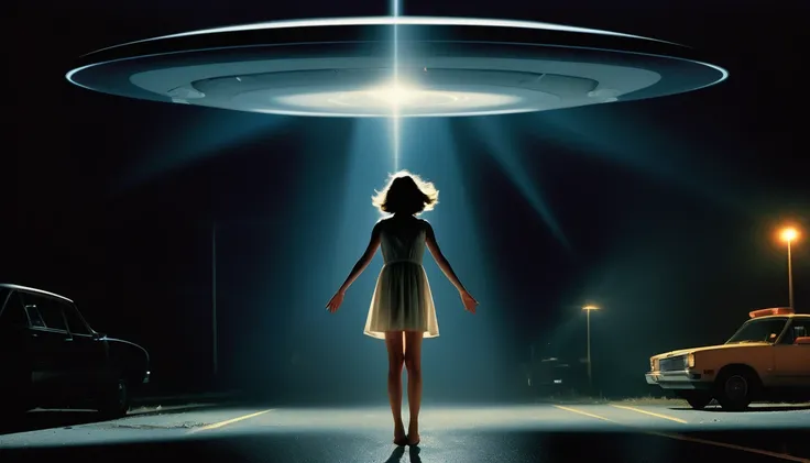 Live Documentary raw photo, Night, The girl is abducted by aliens, UFOs antigravity translucent traction beam of (intensive contrast visible piercing light ray)+ (lifts+ her body into the air)+, raw photo by Alex Prager and Gregory Crewdson, large+ UFO ins...