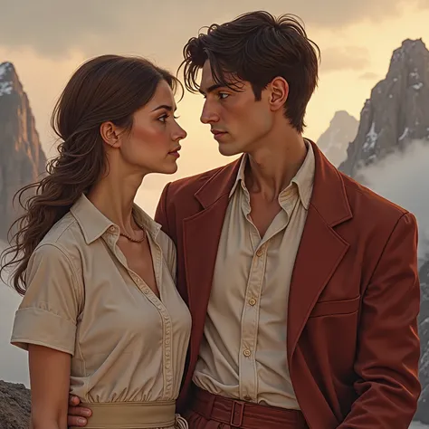 Couple standing far apart on separate mountain peaks, gazing at each other. The landscape is vast, with a wide, foggy valley between them. The sky is cloudy, symbolizing the emotional distance, yet their eyes meet across the divide.