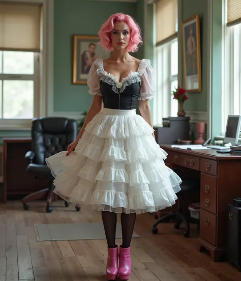 office，full body view, Beautiful european woman standing in a office，short pink curly hair，Beautiful Legs，pink tight high High heel platform  boots, black shiny pantyhose ，ruffled rockabilly midi skirt with wide white 10 layers  petticoat, showing the whit...