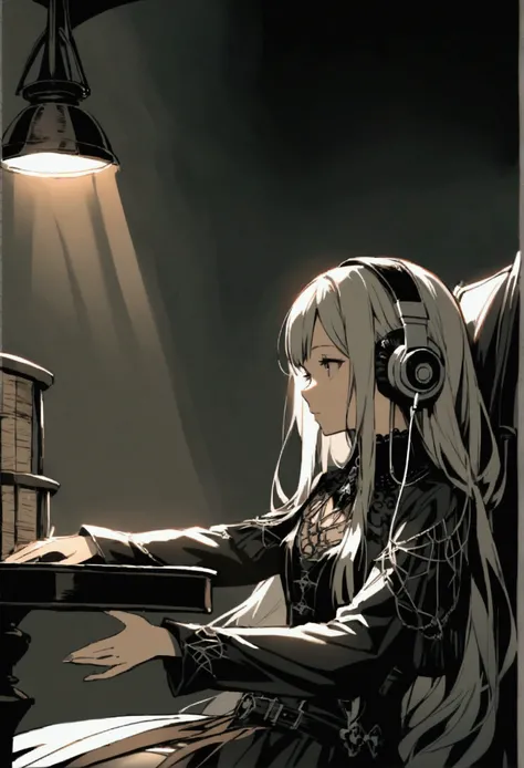  A girl listening to music sitting in a chair at a table.  long hair , regular body, wearing gothic style clothing . 