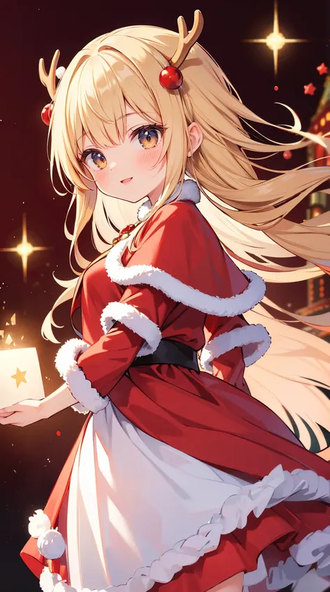 ( quality, 4K, High resolution,  tMasterpiece), (( perfect anatomy )), Cute , tchibi, light blind long hair , blonde long hair,  long blonde hair , brown gradient eyes  ,((👄)), smile, BREAK BREAK BREAK,  red Santa Claus costume  ,  Crystallization of cloth...