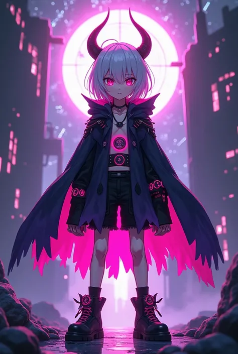 Anime and cyberpunk style with religious symbols. The God of paradox in the form of an evil boy, with white hair, pink eyes, who wears black clothes with purple and pink decorations, who wears shorts and booties.