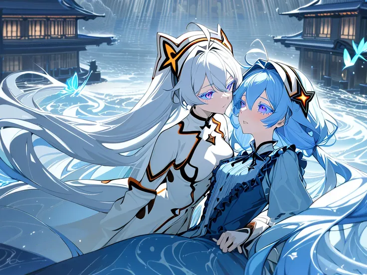 kiana kaslana (white comet), silver hair, very long hair, ponytail, ahoge, blue eyes, hairband, hair ornament,absurdly long hair,(masterpiece, best quality) detailed, 2girl,close,yuri, lovers ,temple,water,glowing blue butterfly,the shorekeeper (wuthering ...