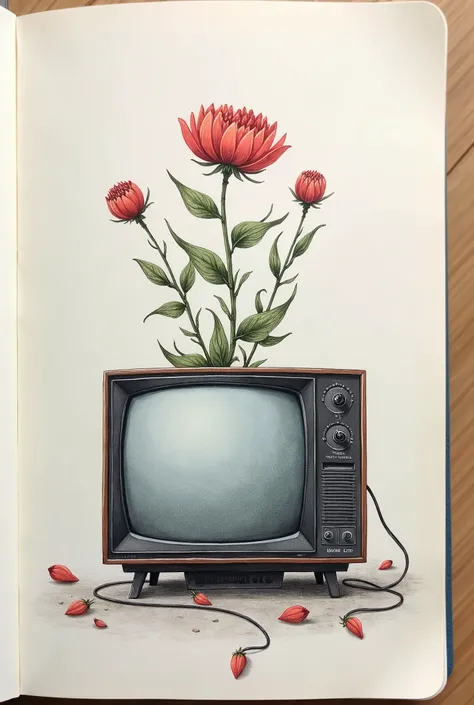 Create a drawing that represents the media and reality, where a screen (TV) is spread flower, showing the hidden truth behind the news. easy to do in an art notebook